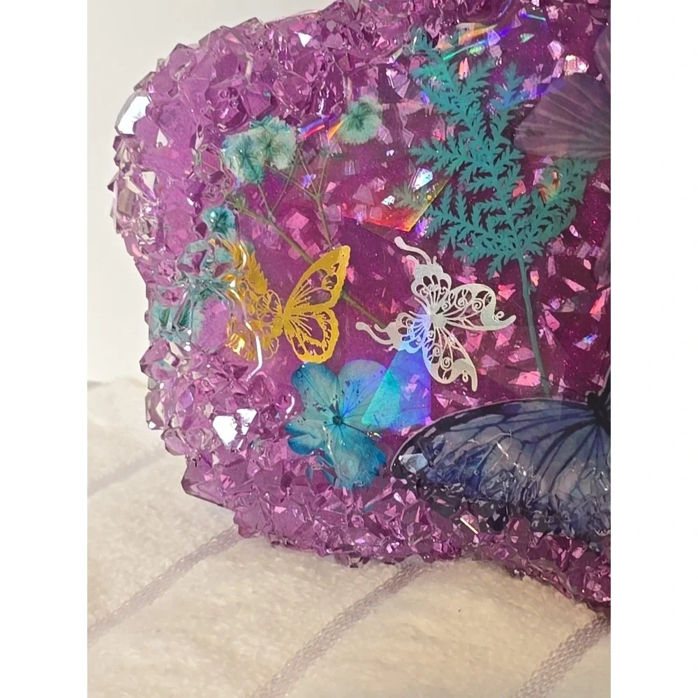 Handmade Resin Crystal Edge Trinket‎ Holder Purple With Butterflies  778